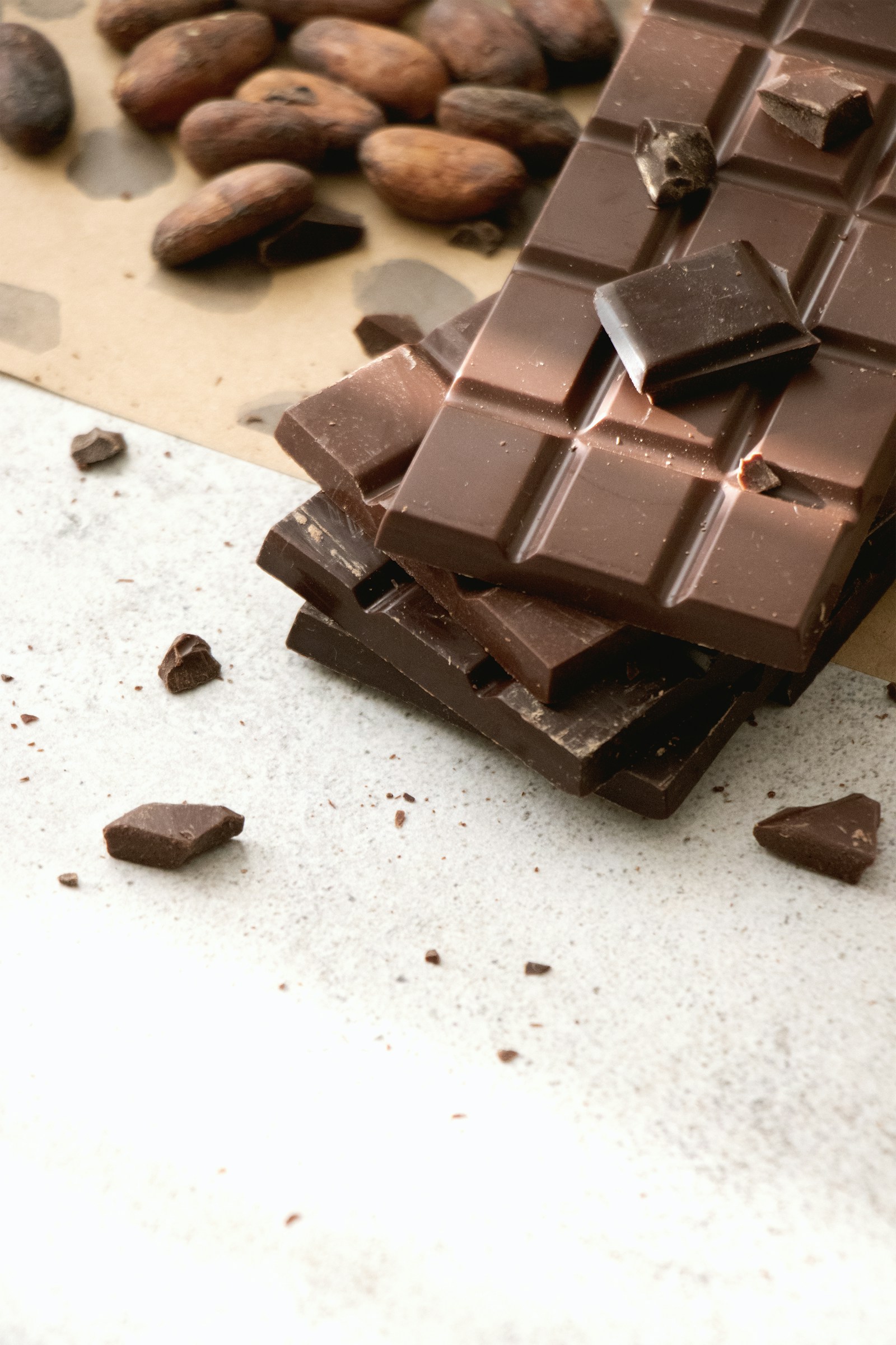 Pieces of chocolate and cocoa beans
