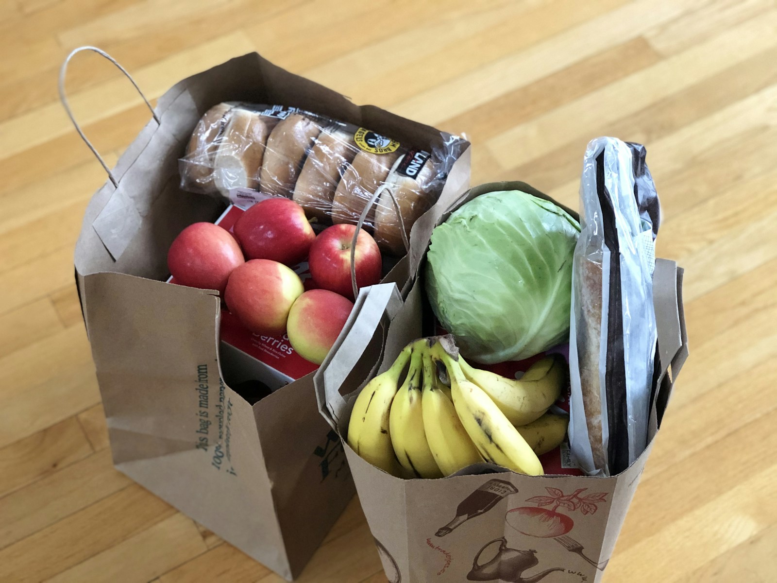 Everyday groceries in paper shopping bags